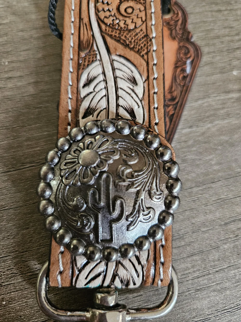 Handcrafted Brown Leather Feather Wristlet Keychain with Turquoise Accent-NWT